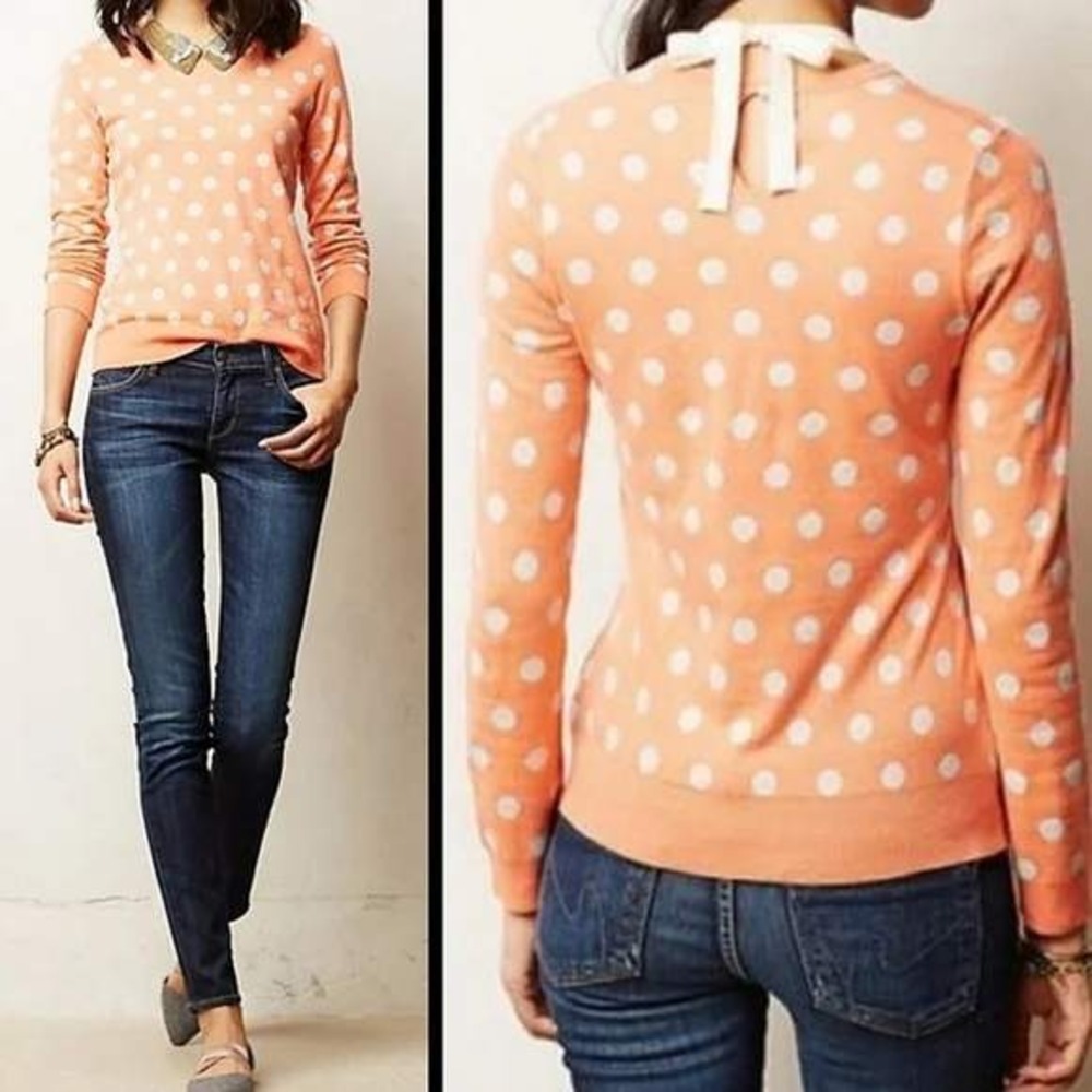 Anthropologie Moth Polka Dot Sweater Coral Orange Blue‎ Keyhole Back Crew Neck S